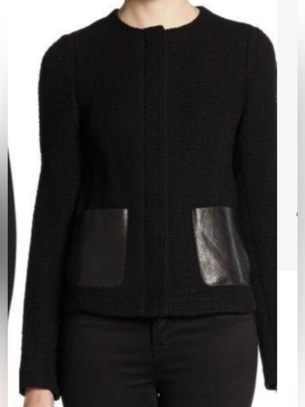 Vince black woven wool evening jacket with leather pockets size 6